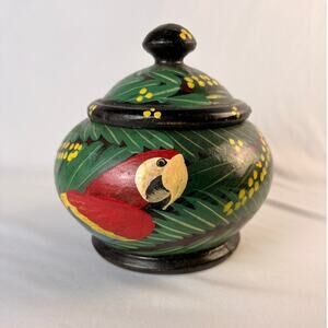 VTG HANDPAINTED CIRCULAR WOODEN JEWELRY BOX WITH LID APPROX 6" TALL